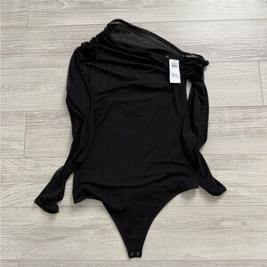Abercrombie & Fitch Long-Sleeve Asymmetrical Draped Mesh Bodysuit